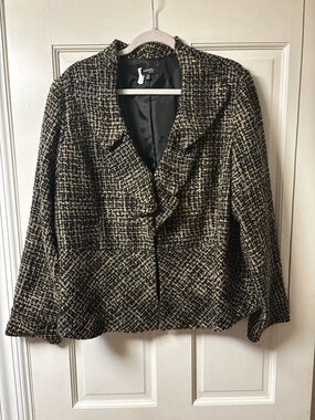 Rafaella Black & Cream Tweed Blazer ruffle v-neck collar peplum